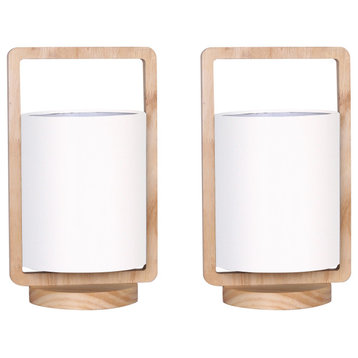 Wood, Set of 2, 11"H, Cylndr Tbl Lmps, Nature Wood/White