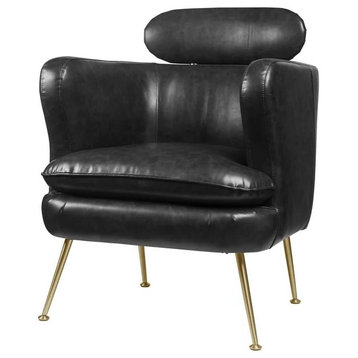 Unique Accent Chair, Gold Legs, Curved PU Leather Seat With Headrest, Dark Gray