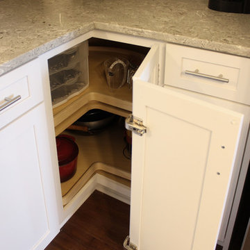 White Kitchen w/ Beige Quartz Countertops & Gray Subway Tile Backsplash