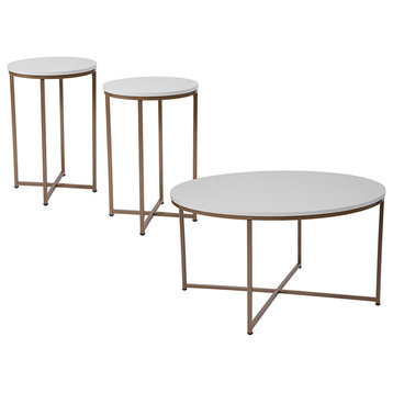 3-Piece Coffee and End Table Set, White With Matte Gold Frames