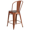 24"High Copper Metal Counter Height Stool with Back and Wood Seat