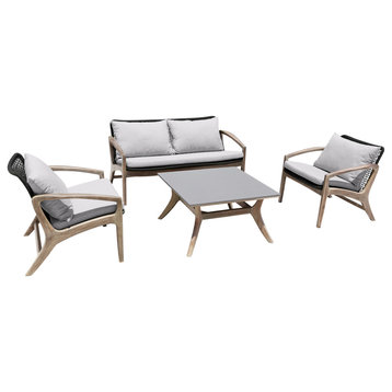 Brighton 4 Piece Outdoor Patio Seating Set, Wood With Rope and White Cushions