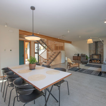 Spacious dining room/great room with wood burning fireplace