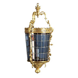 French Gilt Brass and Leaded Glass Hanging Hall Lantern - Pendant Lighting