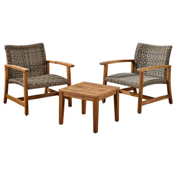 Alyssa Outdoor 3-Piece Wood and Wicker Club Chairs and Side Table Set, Gray/Natural Finish