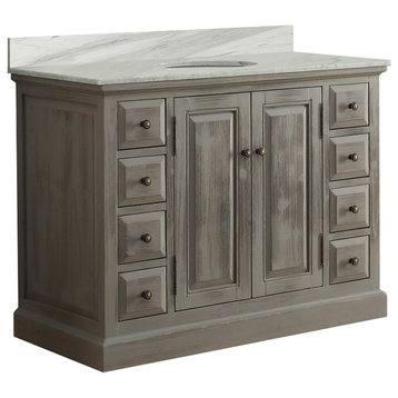 48" Solid Wood Sink Vanity With Carrera White Marble Top And Round Sink