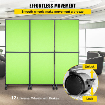 Modern Room Divider, Metal Frame With Wheels & Polyester Panels, Tea Green