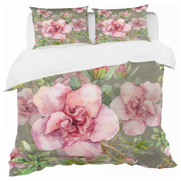 Pink Blossoming Flower Floral Duvet Cover Set, Twin