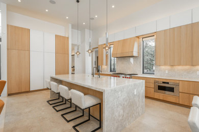 Trendy galley beige floor open concept kitchen photo in Denver with an undermount sink, flat-panel cabinets, light wood cabinets, beige backsplash, stone slab backsplash, stainless steel appliances, an island and beige countertops