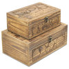 Natural Wood Storage Boxes, Dark Brown, Carved Circular Accents, 2-Piece Set