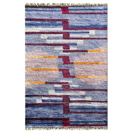 Jubi Multicolored Striped Hand-Knotted Wool Rug, Blue Pink Modern 3x5'