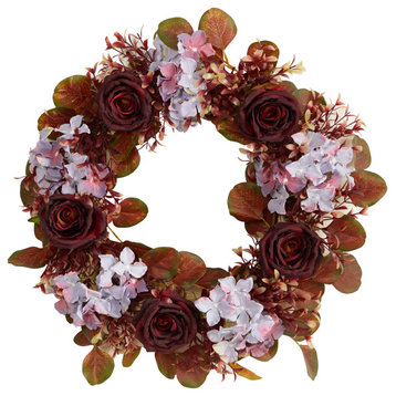 22" Fall Hydrangea and Rose Autumn Artificial Wreath