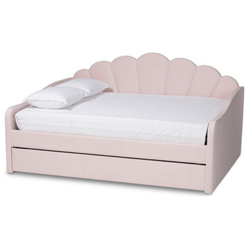 Rankin Queen Size Daybed With Trundle, Light Pink Velvet