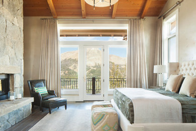 Example of a mid-sized transitional master dark wood floor bedroom design in Other with a standard fireplace, a stone fireplace and beige walls