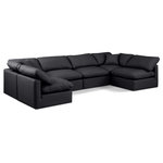 Meridian Furniture - Indulge Upholstered Modular U-Shaped Sectional, Black, 6-Piece: 4 Armless Chair, 2 Corner Chair, Fiber Stuffed Vegan Leather - Experience ultimate comfort and style with our black vegan leather Indulge Sectional. The luxurious vegan leather will elevate the aesthetic of any room. This sofa provides ample space for you to relax while its modular build offers the option of unlimited configurations. Whether you're looking to add a stylish element to your living room or a comfortable seating option to your bedroom, this sofa is the perfect choice.