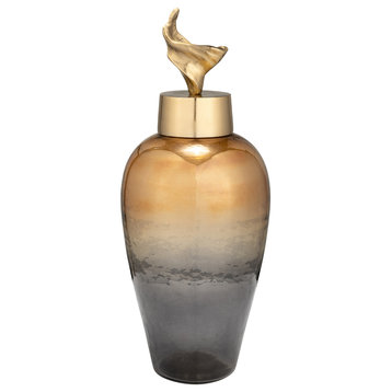 17"H Metal Vase, Lily Lid, Bronze