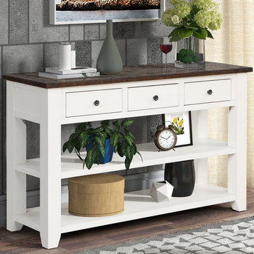 TATEUS 48" Solid Pine Wood Console Table with Storage Drawers , Antique White