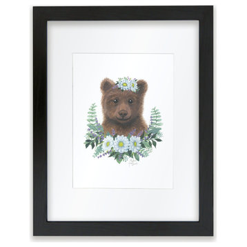 "Woodland Littles 1" Bear Individual Framed Print, With Mat, Black, 16"x20"