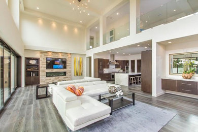 Trendy open concept medium tone wood floor and gray floor living room photo in San Diego with white walls, a ribbon fireplace, a stone fireplace and a wall-mounted tv