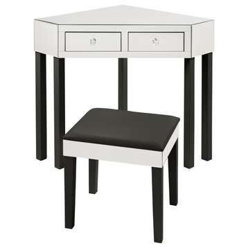 Axelle Mirrored 2-Drawer Corner Vanity Table with Stool Set, Black