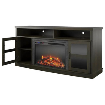 Classic TV Stand, Glass Doors & Center Fireplace With Accented Edges, Espresso