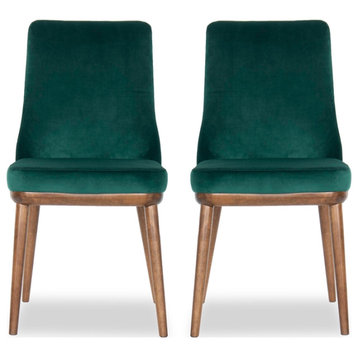 Pemberly Row 37"H Mid-Century Velvet/Wood Dining Chair in Green (Set of 2)