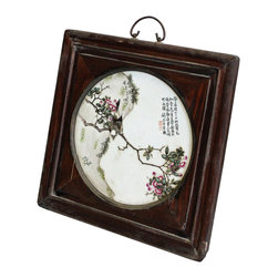 Chinese Square Rosewood Porcelain Flower Birds Scenery Wall Plaque - Wall Accents