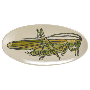 Hand-Painted Stoneware Grasshopper Plate, Green and White