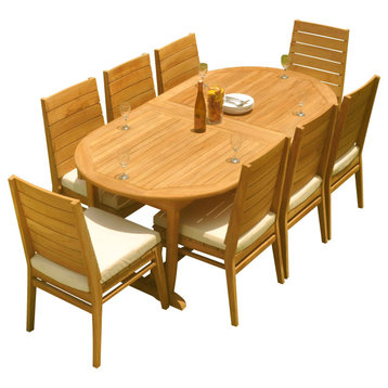 9-Piece Outdoor Teak Dining Set: 117" Masc Oval Table, 8 Char Stacking Chairs
