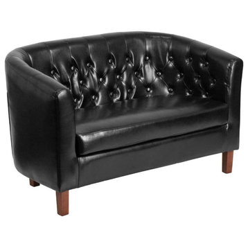 Traditional Loveseat, Faux Leather Seat With Loose Cushion & Tufted Back, Black