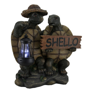 Shello Decorative Turtle Couple Welcome Sign Statue w/Solar LED Lantern 15 in.