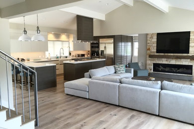 Inspiration for a mid-sized contemporary open concept light wood floor family room remodel in Other with white walls, a ribbon fireplace, a stone fireplace and a media wall