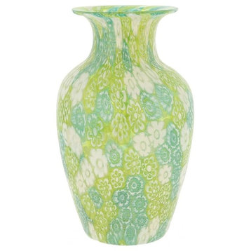 GlassOfVenice Murano Glass Golden Quilt Millefiori Urn Vase - Green