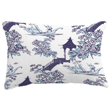 China Old Floral Print Throw Pillow With Linen Texture, Navy Blue, 14"x20"