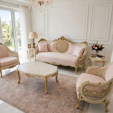 Luxury Solid Teak Wood Sofa & Chairs | French Louis XV Classic Living Room Set