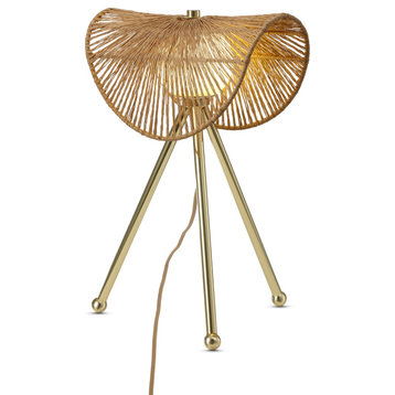 Sovev Brass Table Lamp for Living Room With Frosted Globe and Rattan Shade