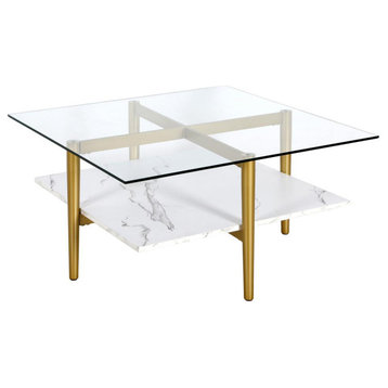 Otto 32 Wide Square Coffee Table with Faux Marble Shelf in Brass
