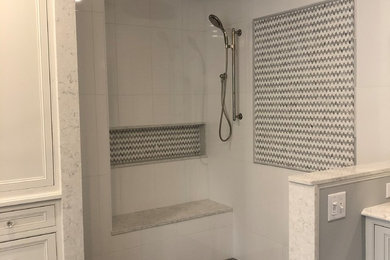 Example of a large transitional master white tile and mosaic tile ceramic tile and gray floor bathroom design in Boston with beaded inset cabinets, white cabinets, an undermount sink, quartzite countertops and white countertops