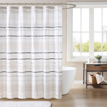 INK+IVY Nea Cotton Printed Shower Curtain With Trims, Off White/Gray