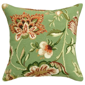 Throw Pillow Jacobean Floral Flowers 20x20 Green Wool Yarn Poly Rayon
