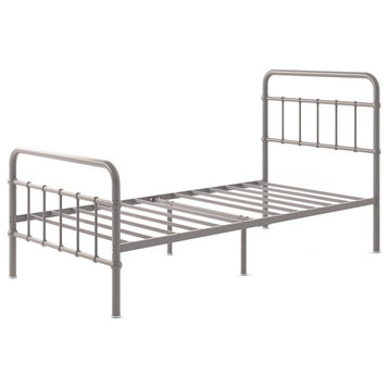 Classic Platform Bed, Metal Frame & Headboard With Rounded Edges, Gray, Twin