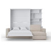 Contempo Vertical Wall Bed with a Corner Sofa and a Bookcase, 55.1x78.7 inch, White/White + Beige