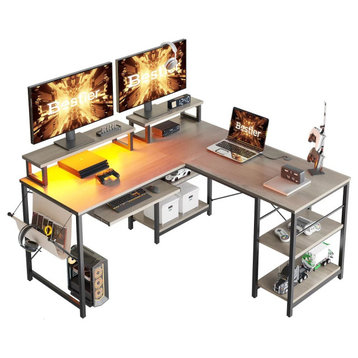 L-Shaped Desk, Metal Frame With Adjustable Shelves & Monitor Stand, Wash Gray