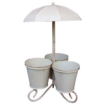 Decorative Creamy White Iron Pot Stand With Umbrella and 3 Pot Holders