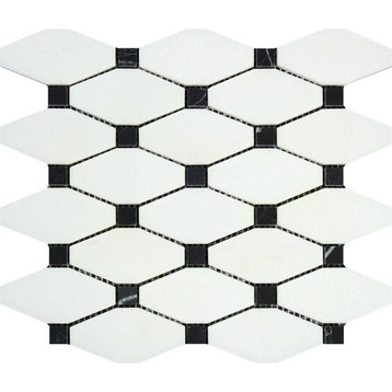Greek Thassos Honed Marble Octave Mosaic With Black Dots