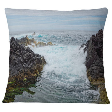 Splashing Waters to Mossy Rock Seashore Throw Pillow, 16"x16"