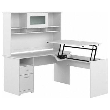 Cabot 60W Sit to Stand L Desk with Hutch in White - Engineered Wood