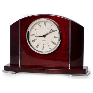 Lacquered Mahogany Wood Quartz Movement Clock, Stainless Steel Accents