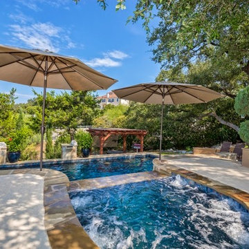 Grecian Roman Style Pool, Raised Spa with Spillway, Stone Scupper Columns, Decki