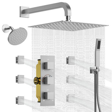 Dual Heads 12"Rain Shower Faucet & 6" Shower System with Body Sprays, Brushed Nickel